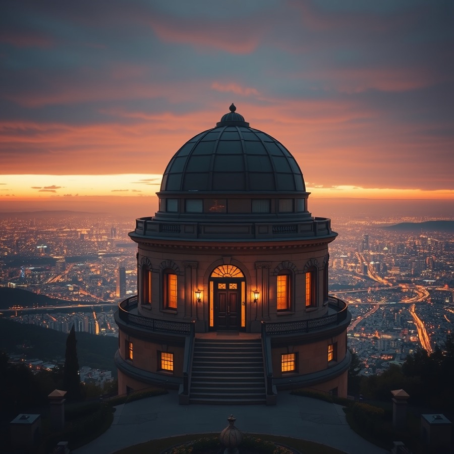 An observatory on a hilltop at dusk overlooking a glittering city
